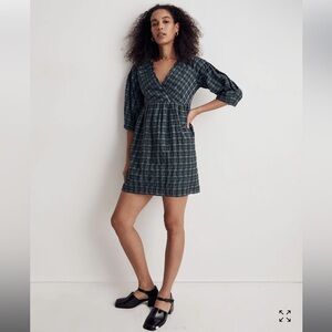 NWT Madewell Marianna Plaid Puff Sleeve Surplice Short Sleeve Mini Dress XS